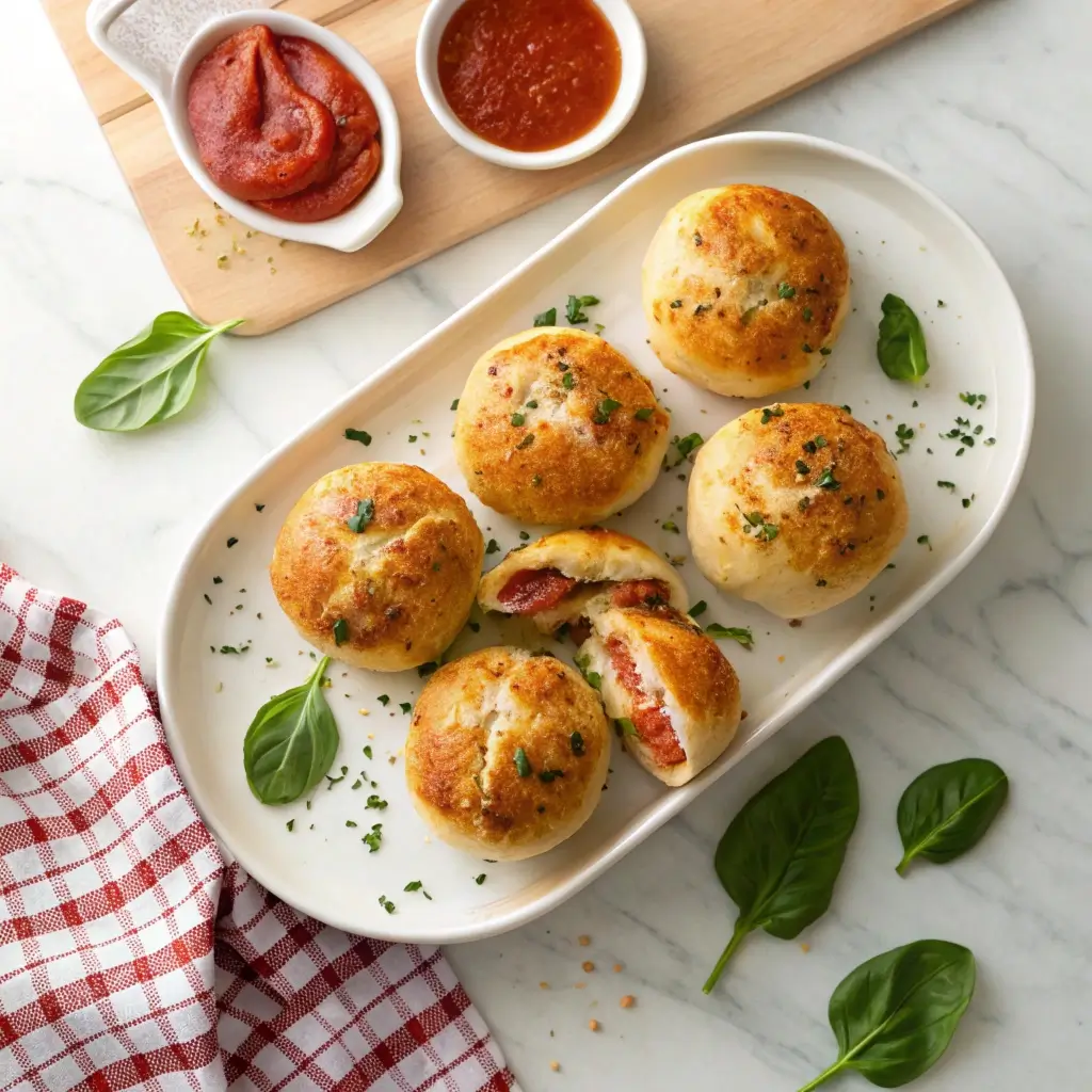 Pizza Bombs servieren: Knusprige Bällchen mit Käse-Tomatensauce-Füllung auf weißem Tablett, garniert mit frischem Basilikum und Dip-Soßen.
