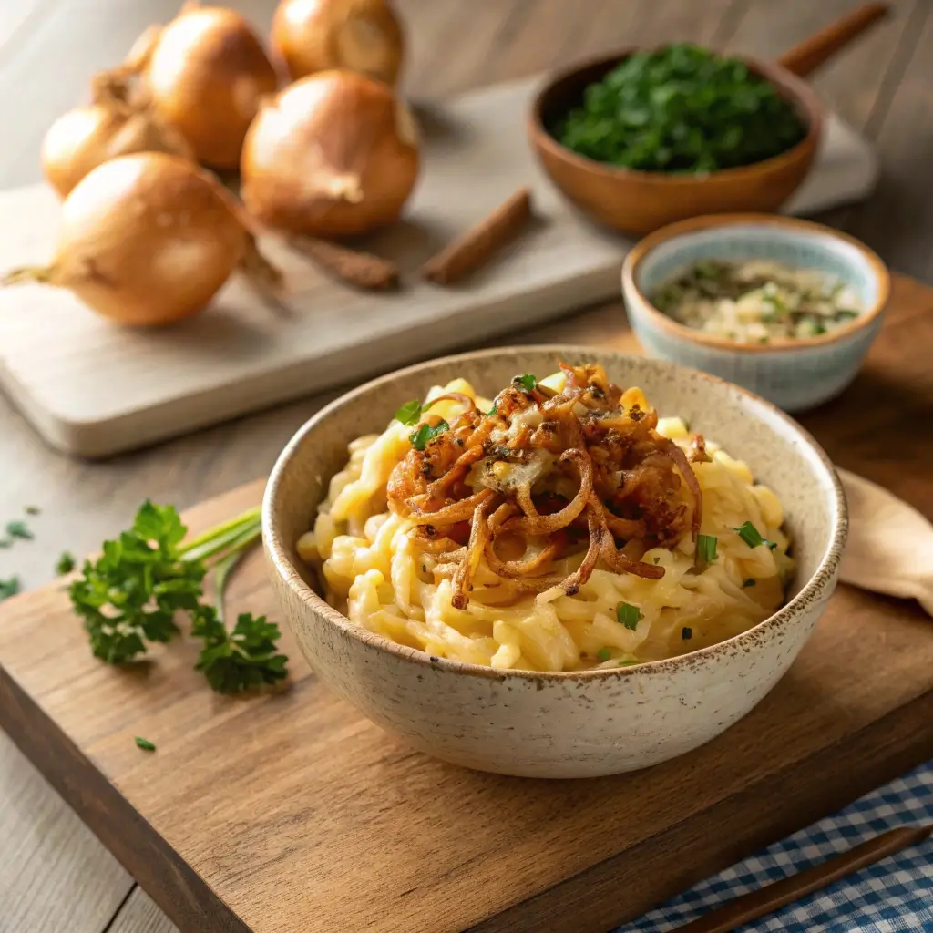Röstzwiebeln servieren: Goldbraune, knusprige Röstzwiebeln auf cremiger Pasta mit frischem Petersilie – rustikale Präsentation auf Holzbrett.