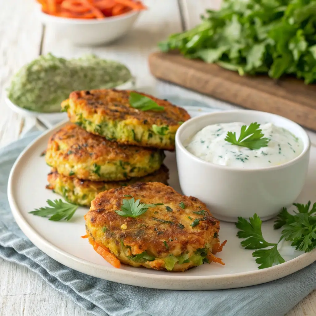 Zucchini-Möhren-Puffer im Airfryer: Knusprige, goldbraune Gemüsepuffer mit frischen Kräutern und Dip – vegetarisch, schnell zubereitet und perfekt als Beilage.
