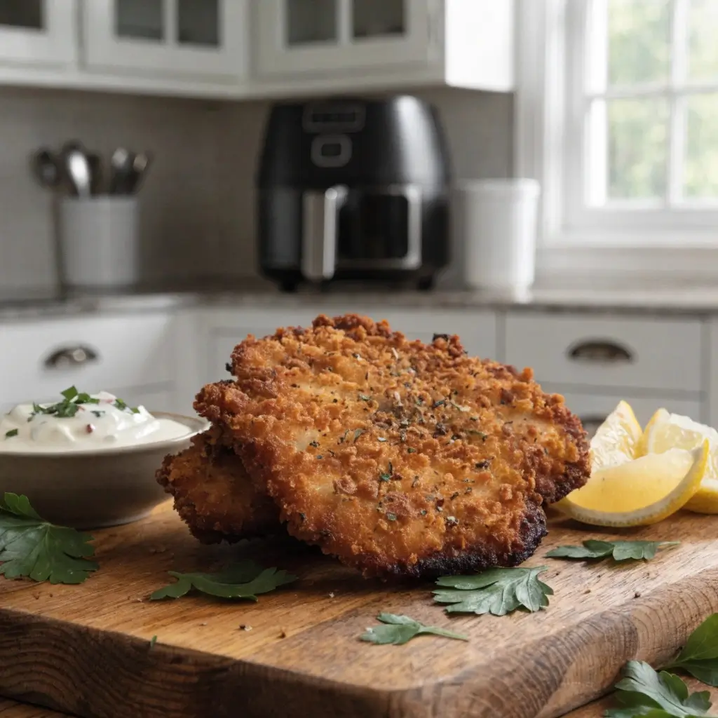Knuspriges Kohlrabi Schnitzel im Airfryer zubereitet, goldbraun paniert auf Holzschneidebrett mit Zitronenscheiben und Dip