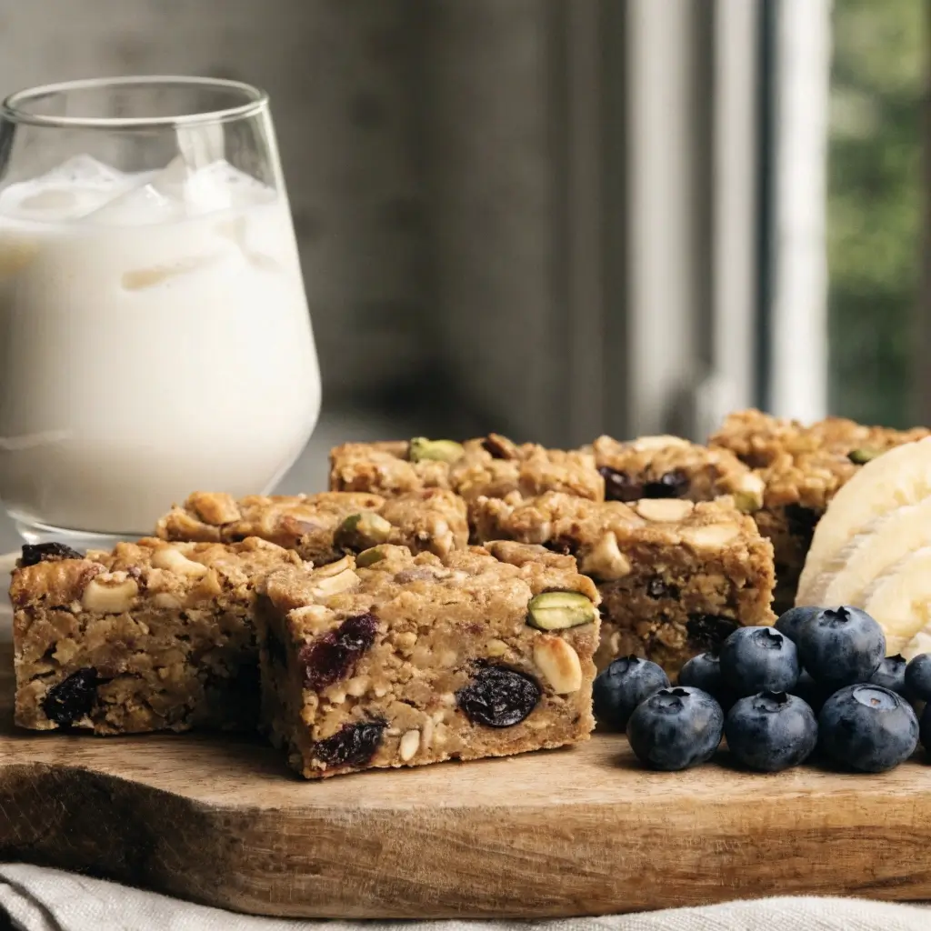 Die Müsliriegel aus dem Airfryer servieren mit Milch, frischen Blaubeeren und Banane auf Holzbrett