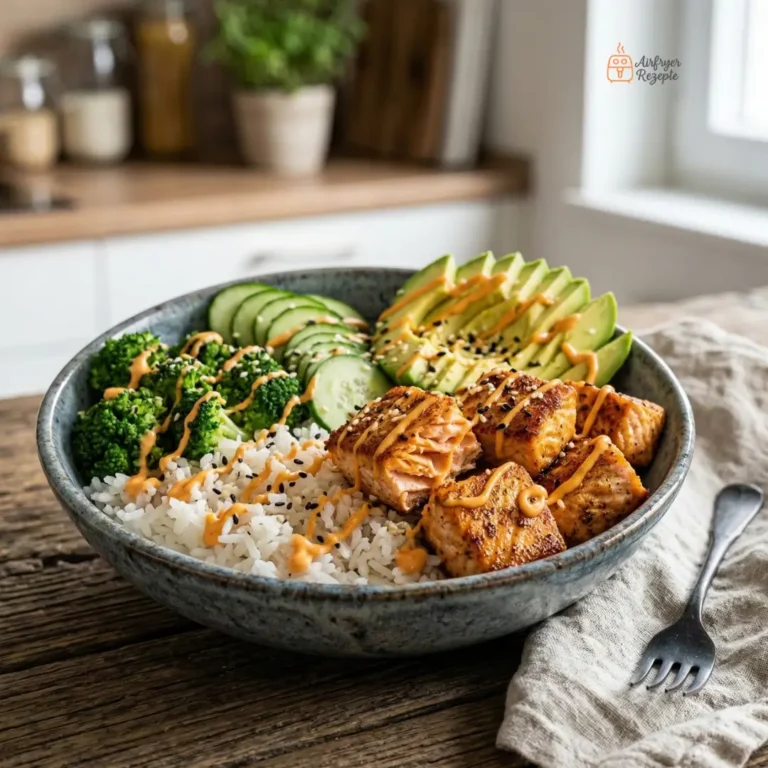 Eine fotorealistische Hauptansicht einer fertig angerichteten Lachs Bowl aus dem Airfryer mit Reis, Avocado, Brokkoli und Sriracha-Mayo.
