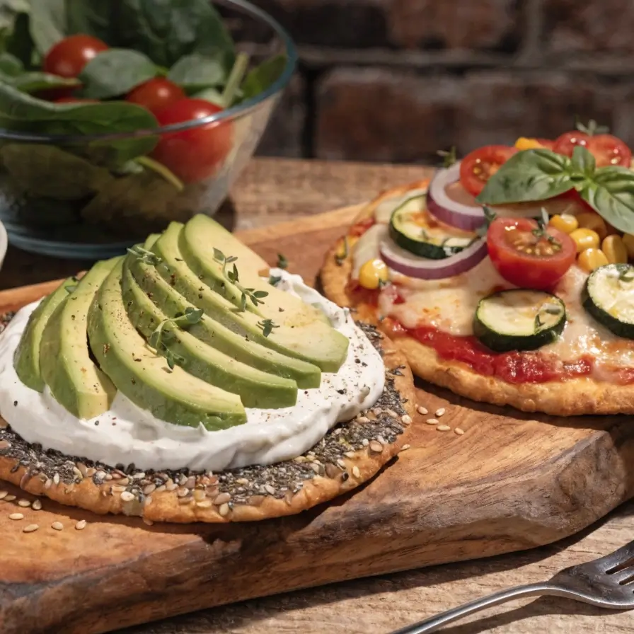 Haferflocken Fladen servieren mit Avocado-Creme und als Pizza-Variante mit Gemüse auf Holzbrett
