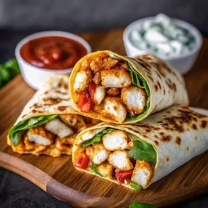 Knusprige Hähnchen-Mozzarella-Wraps mit Gemüse und Dip auf einem Holzbrett serviert