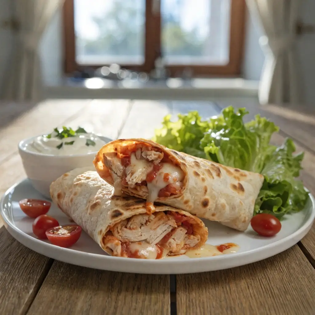 Airfryer Hähnchen-Mozzarella-Wrap mit Salat und Tomaten