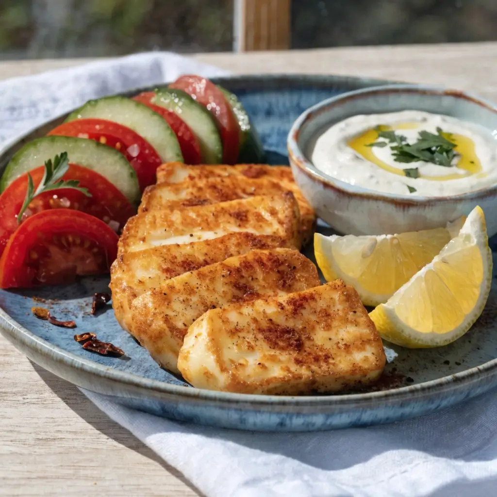 Halloumi aus dem Airfryer servieren mit Gurken, Tomaten, Zitronenspalten und cremigem Dip