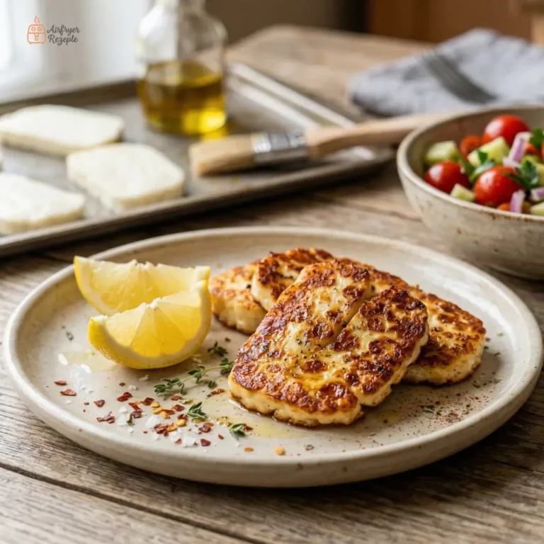 Nahaufnahme von goldbraunem und knusprigem Halloumi aus dem Airfryer, appetitlich angerichtet auf einem hellen Teller mit frischen Zitronenspalten