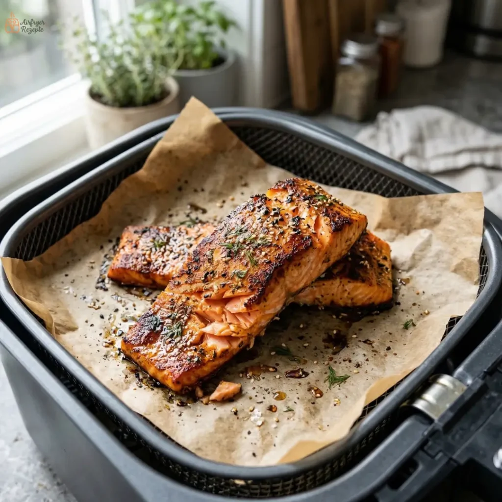 Ein fotorealistisches Nahaufnahme-Foto (1:1) von gewürztem Lachs, der auf Backpapier im Korb eines Airfryers gart. Perfekt für das Lachs Bowl aus dem Airfryer Rezept.