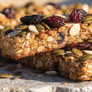 Knusprige Müsliriegel aus dem Airfryer auf Holzbrett mit Cranberries