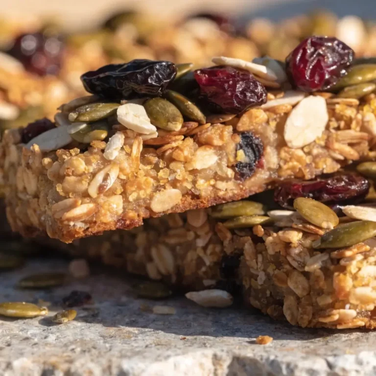 Knusprige Müsliriegel aus dem Airfryer auf Holzbrett mit Cranberries