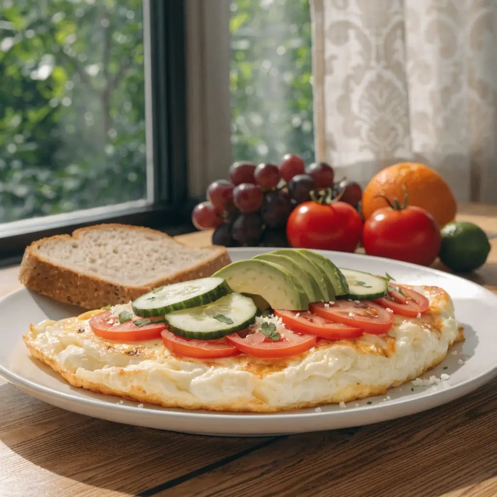 Omelett aus dem Airfryer serviert mit Avocado, Tomaten, Gurke und Vollkornbrot am Fenster mit frischem Obst
