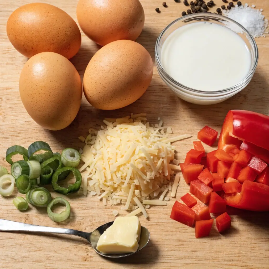 Frische Zutaten für Omelett aus dem Airfryer: Eier, Milch, Käse, Paprika, Frühlingszwiebeln und Butter auf Holz