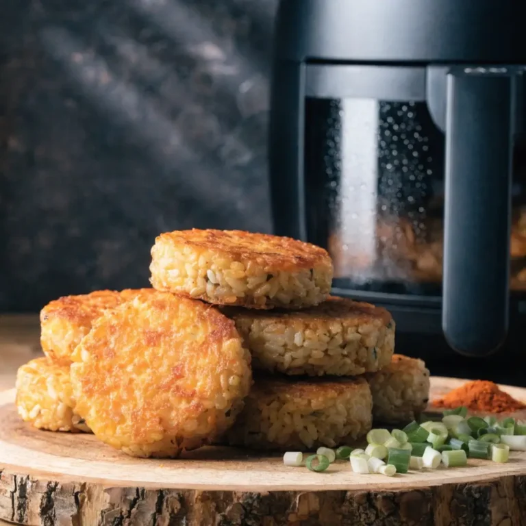 Goldbraune Reisfrikadellen aus dem Airfryer auf Holzbrett mit Frühlingszwiebeln