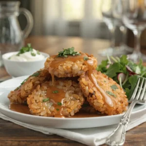 Reisfrikadellen servieren mit Sauce, Sauerrahm und Salat auf weißem Teller