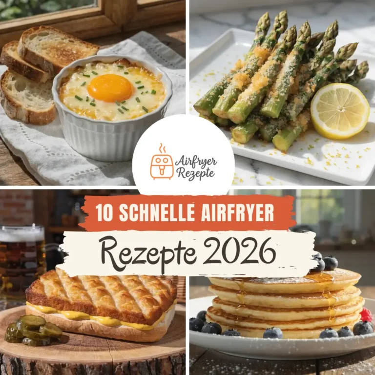 10 schnelle Airfryer Rezepte Collage: Von Frühstück über Hauptgericht bis Dessert – vielfältige Gerichte für jeden Geschmack
