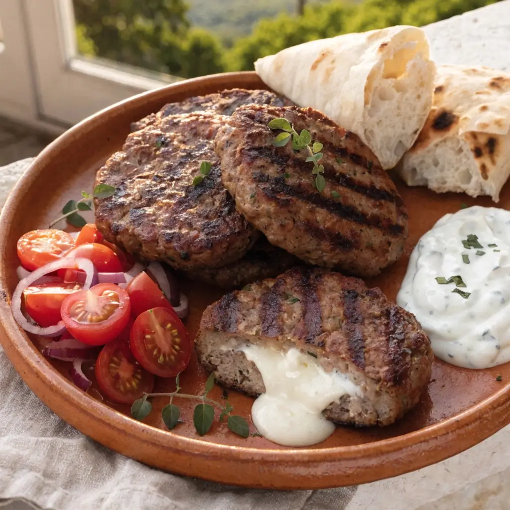 Bifteki mit Feta-Kern gegrillt auf Terrakotta-Teller mit Tomaten, Tzatziki und Pita-Brot
