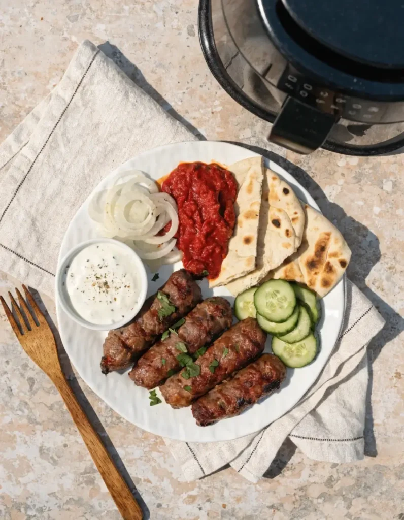 Cevapcici im Airfryer Servieren auf weißem Teller mit Ajvar, Dip, Zwiebeln, Gurken und Fladenbrot neben Airfryer-Korb