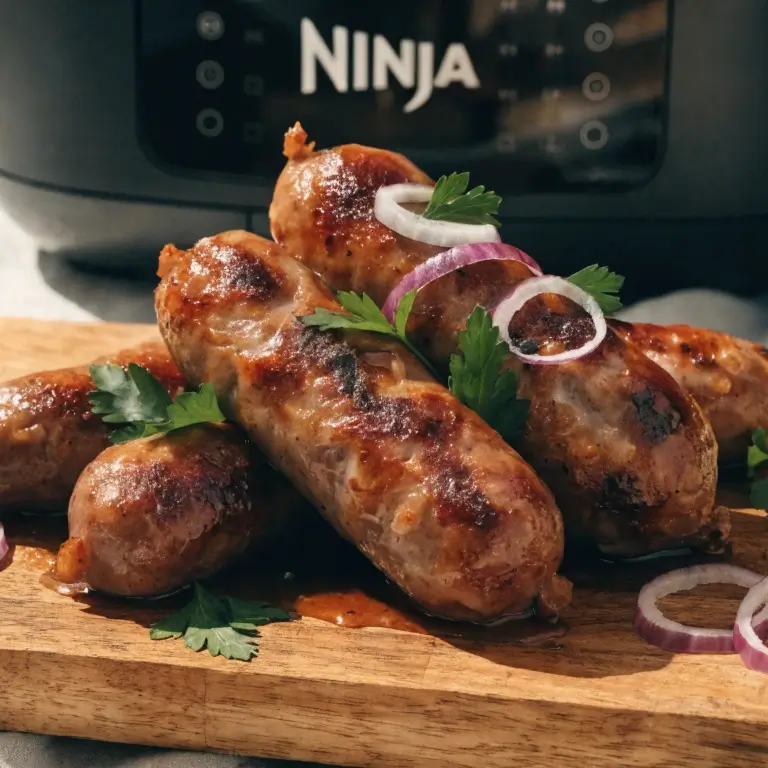 Cevapcici im Airfryer auf Holzbrett vor Ninja Fritteuse mit roten Zwiebelringen und Petersilie
