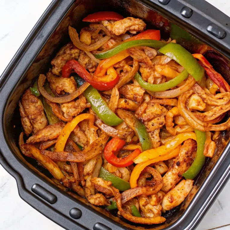 Chicken Fajita im Airfryer: Saftige Hähnchenstreifen mit bunten Paprika und Zwiebeln im schwarzen Fritteusen-Korb