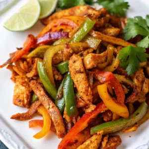 Chicken Fajita servieren: Saftige Hähnchenstreifen mit buntem Paprika, Limette und Koriander auf weißem Teller