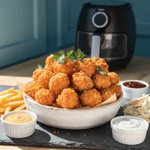 Chicken Popcorn servieren: Goldbraune knusprige Hähnchen-Nuggets in weißer Schale mit Dip-Sauce, Pommes und Coleslaw auf schwarzer Schieferplatte vor Airfryer