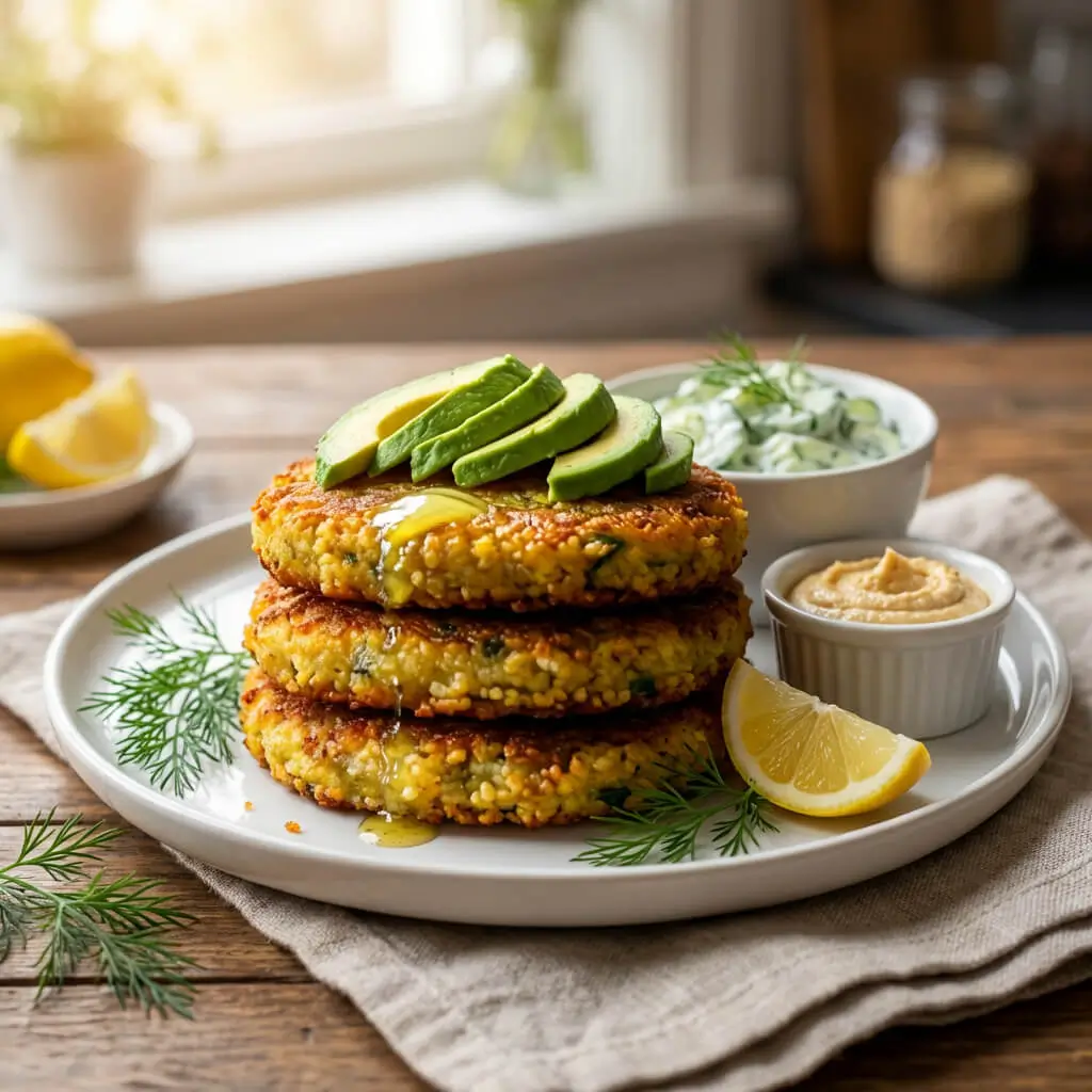 Couscous Kartoffeltaler servieren: Drei goldbraune Bratlinge mit Avocado, Zitrone, Dill, Sojajoghurt-Dip und Hummus auf weißem Teller