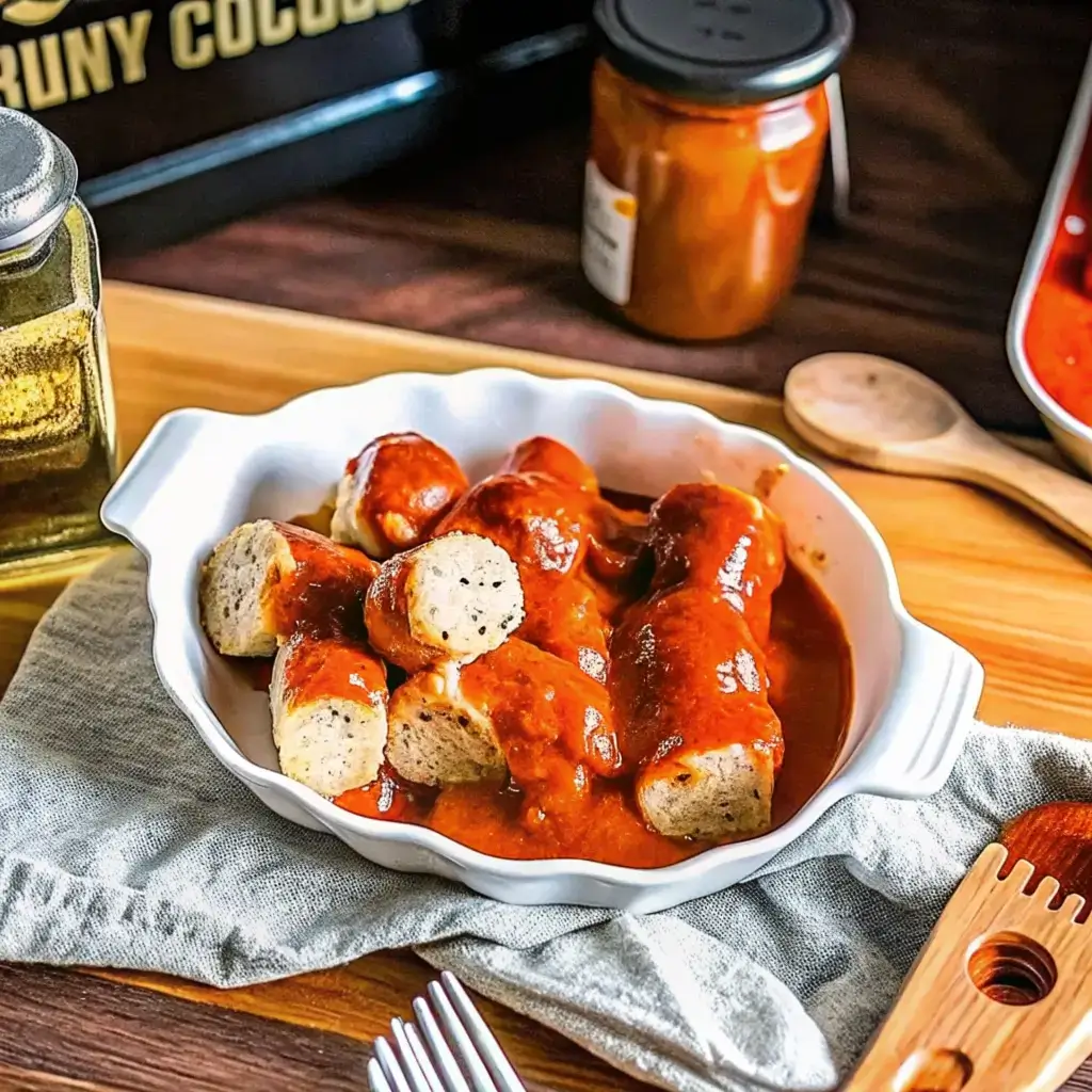 Currywurst im Airfryer Tipps: Saftige Wurststücke in roter Soße in weißer Auflaufform mit Currygewürz im Hintergrund