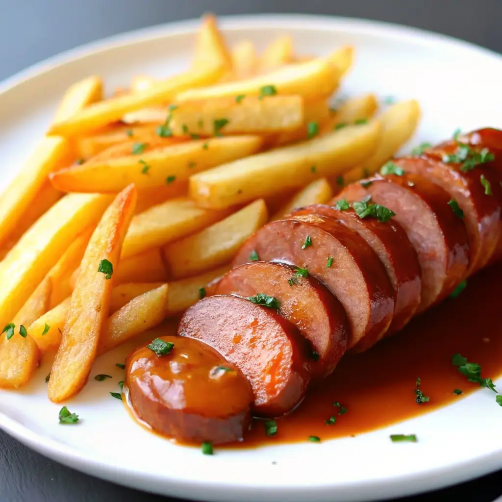 Klassisch Currywurst im Airfryer servieren: Saftige Wurststücke in roter Sauce mit goldgelben Pommes und Petersilie auf weißem Teller
