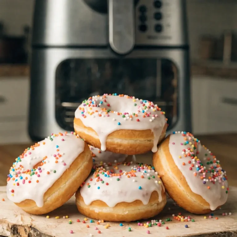 Donuts aus dem Airfryer mit weißem Zuckerguss und bunten Streuseln vor silbernem Gerät gestapelt