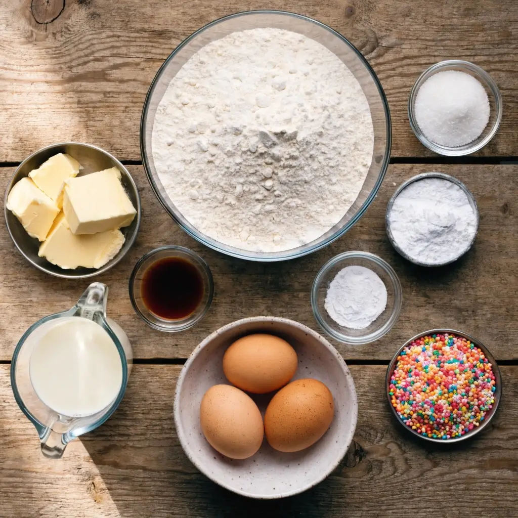 Donuts aus dem Airfryer Zutaten: Mehl, Butter, Zucker, Eier, Milch, Vanille, Puderzucker und bunte Streusel auf Holz