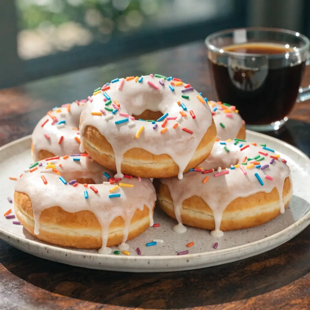 Donut Servieren & Glasur: Stapel aus glasierten Donuts mit bunten Streuseln und schwarzem Kaffee auf rustikalem Holztisch