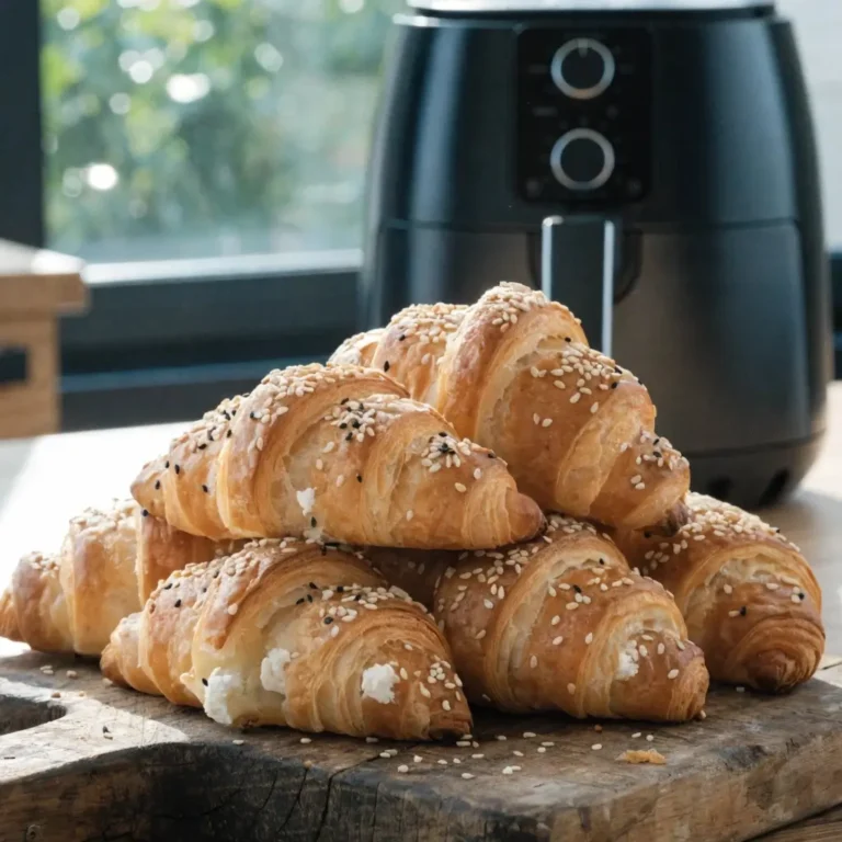 Feta Croissants im Airfryer: Goldbraune Hörnchen mit Sesam und Feta-Füllung gestapelt auf Holzbrett vor schwarzem Airfryer