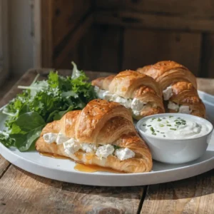 Feta Croissants im Airfryer servieren: Goldbraune Croissants mit Feta-Füllung, frischem Salat und Kräuter-Dip auf weißem Teller