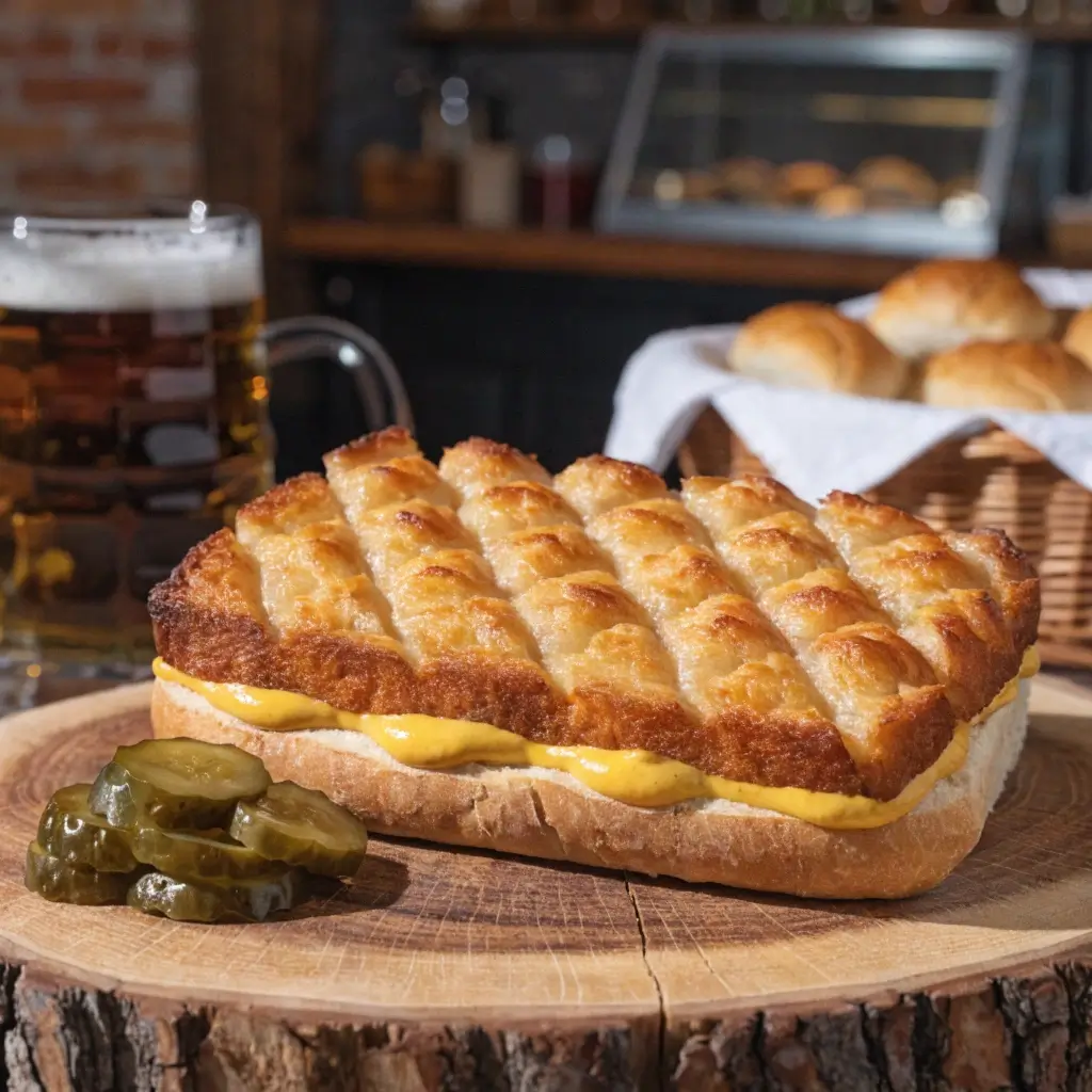 Fleischkäse aus dem Airfryer als Sandwich mit Senf und Gewürzgurken auf Holzbrett mit Bier