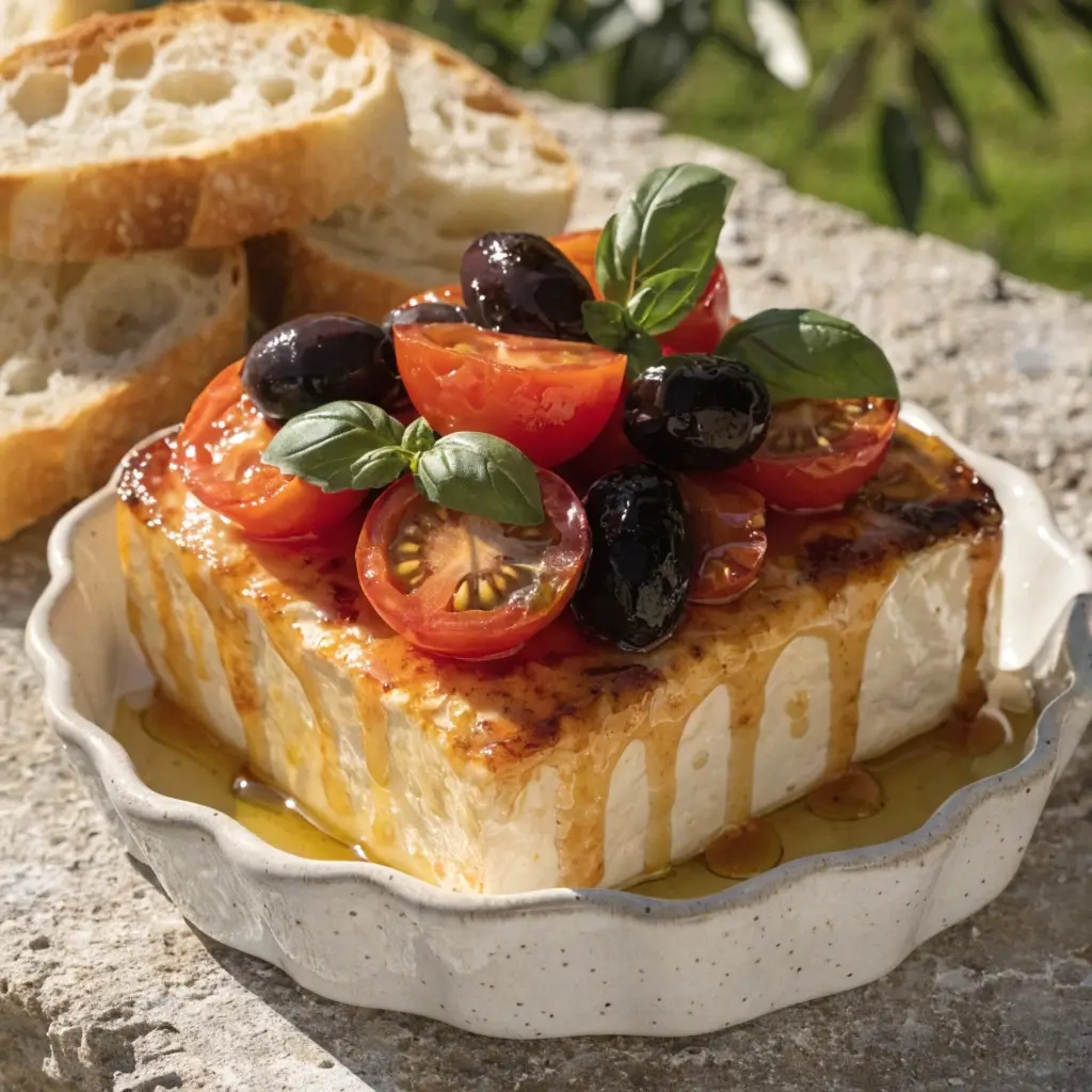 Gebackener Feta mit Kirschtomaten, schwarzen Oliven und Basilikum in weißer Form mit Honig beträufelt