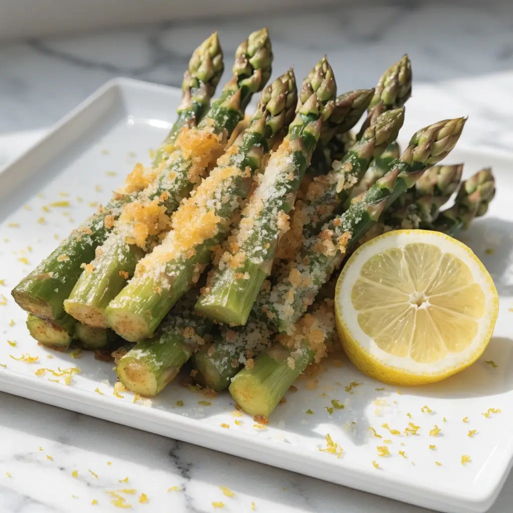 Grüner Spargel aus dem Airfryer mit knusprigen Bröseln und frischer Zitrone auf weißem Teller