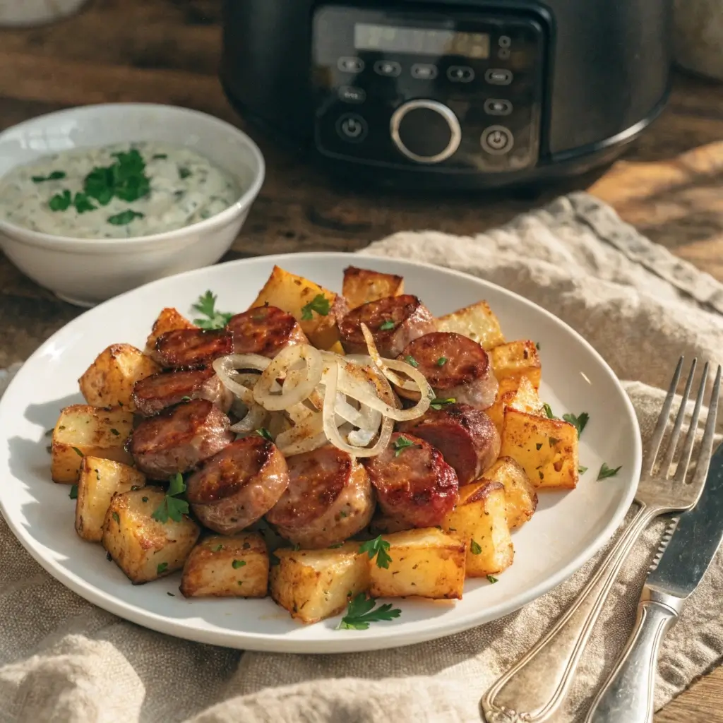 Kartoffeln und Wurst servieren: Goldbraune Bratkartoffeln mit Würstchen, karamellisierten Zwiebeln und Petersilie auf weißem Teller, dazu Kräuter-Dip
