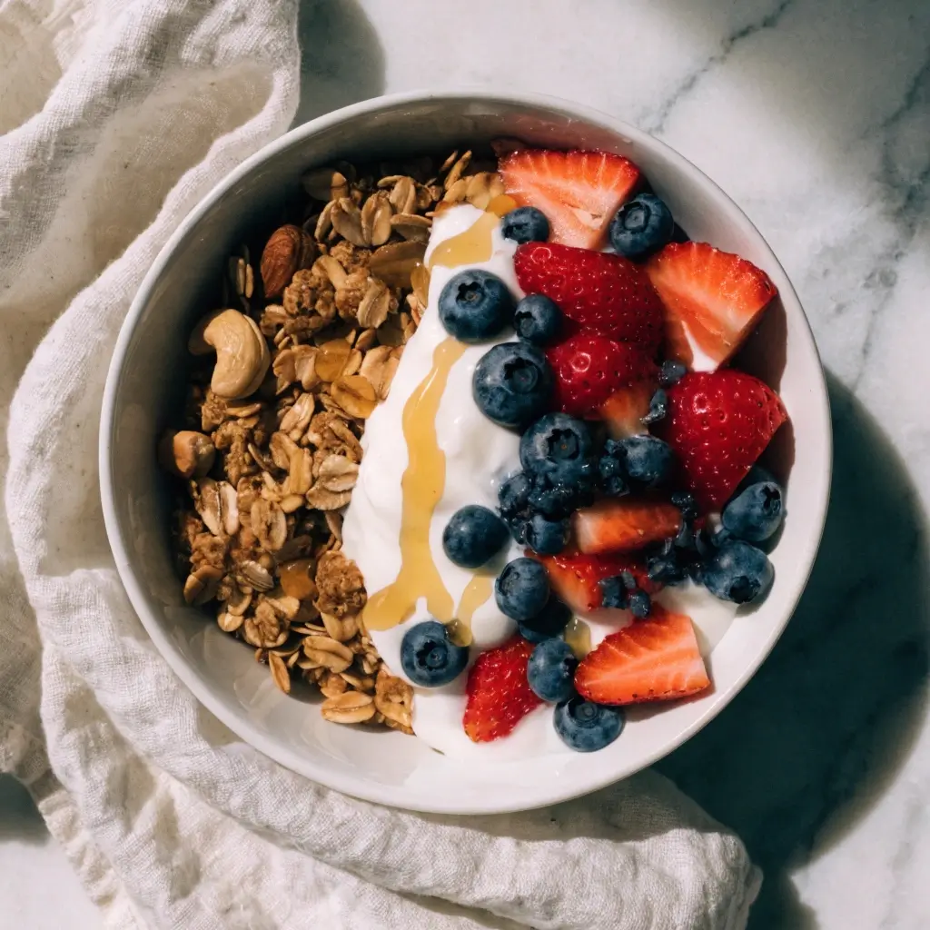 Knuspermüsli aus dem Airfryer in weißer Schale mit Joghurt, Erdbeeren, Blaubeeren und Honig auf Marmor