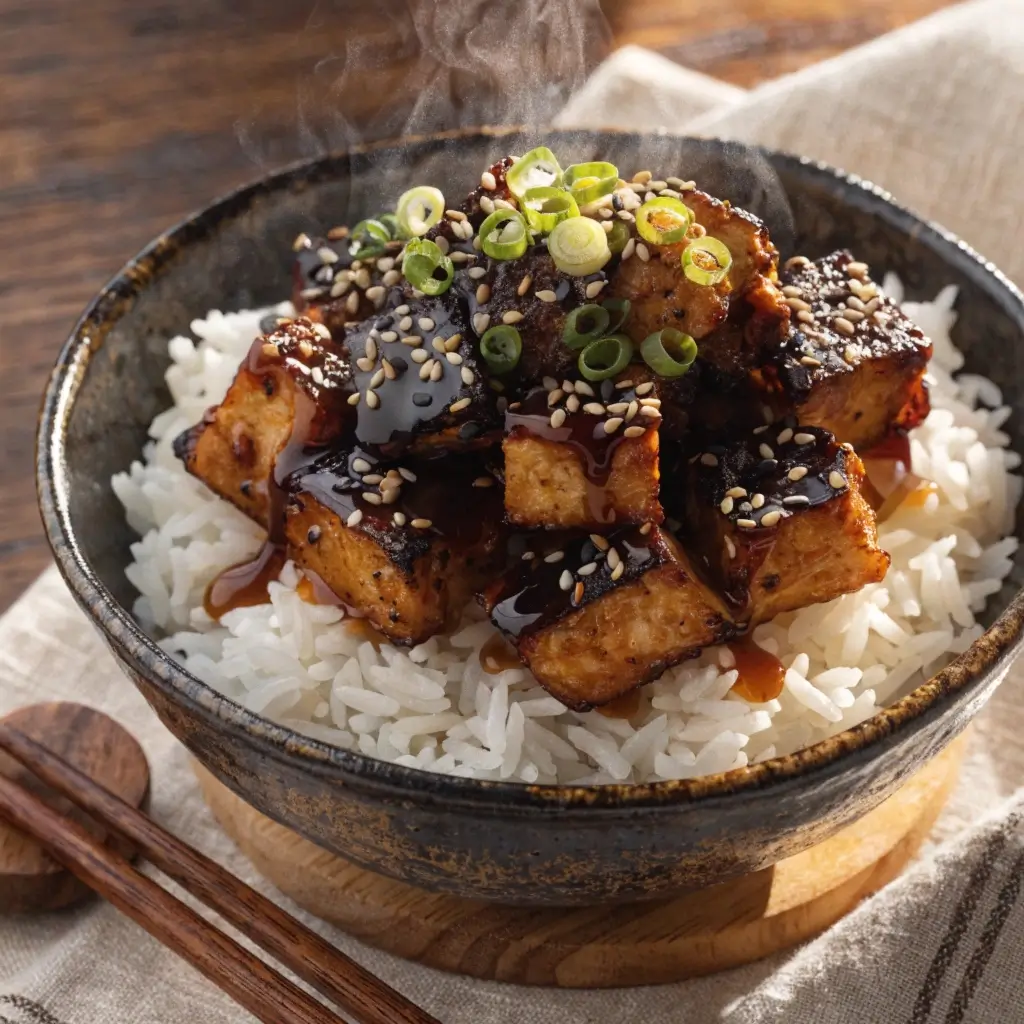 Knuspriger Tofu aus dem Airfryer mit dunkler Glasur, Sesam und Frühlingszwiebeln auf weißem Reis in rustikaler Schale