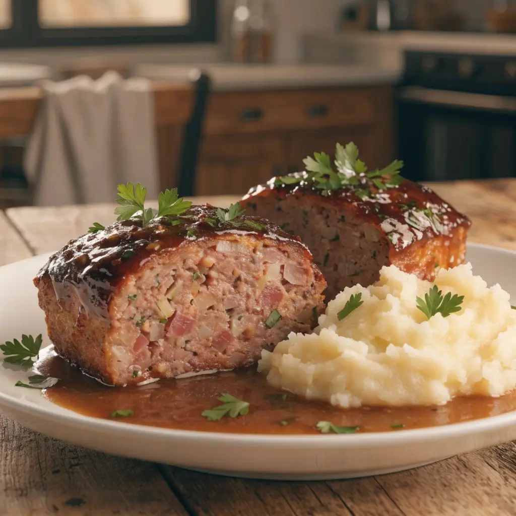 Angeschnittener Mini-Hackbraten aus dem Airfryer mit Kartoffelpüree und Bratensoße auf weißem Teller