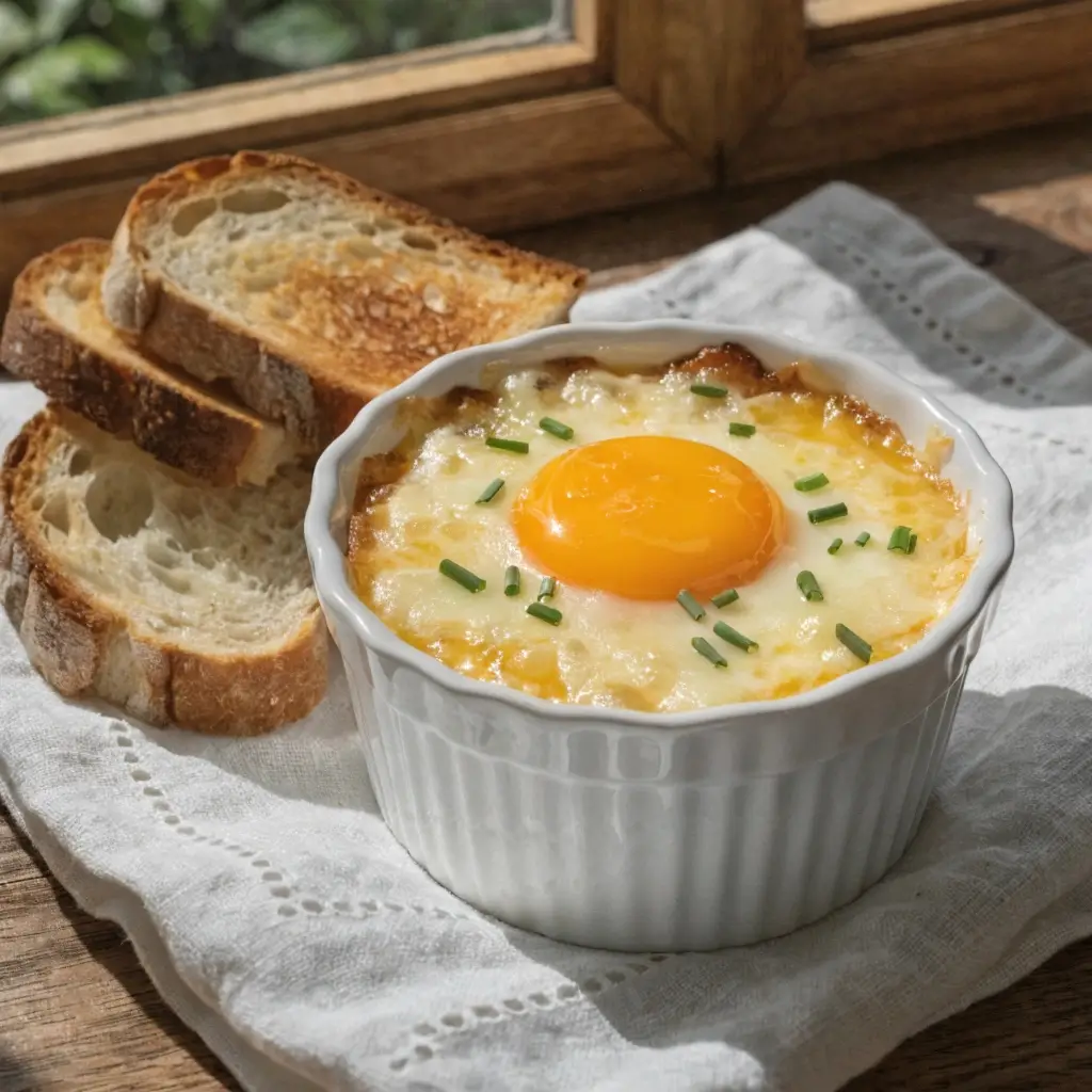 Ofeneier im Airfryer in weißer Förmchen mit knusprigem Toast und Schnittlauch auf Holz
