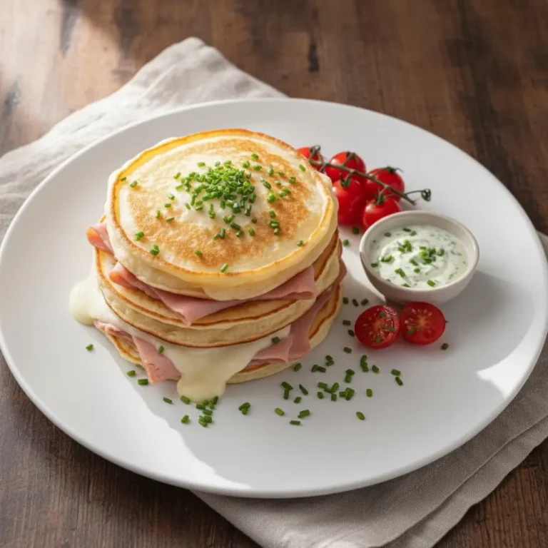 Pancakes aus dem Airfryer: Fluffige Pancakes mit Schinken und Käse gestapelt, mit Schnittlauch und Kirschtomaten auf weißem Teller