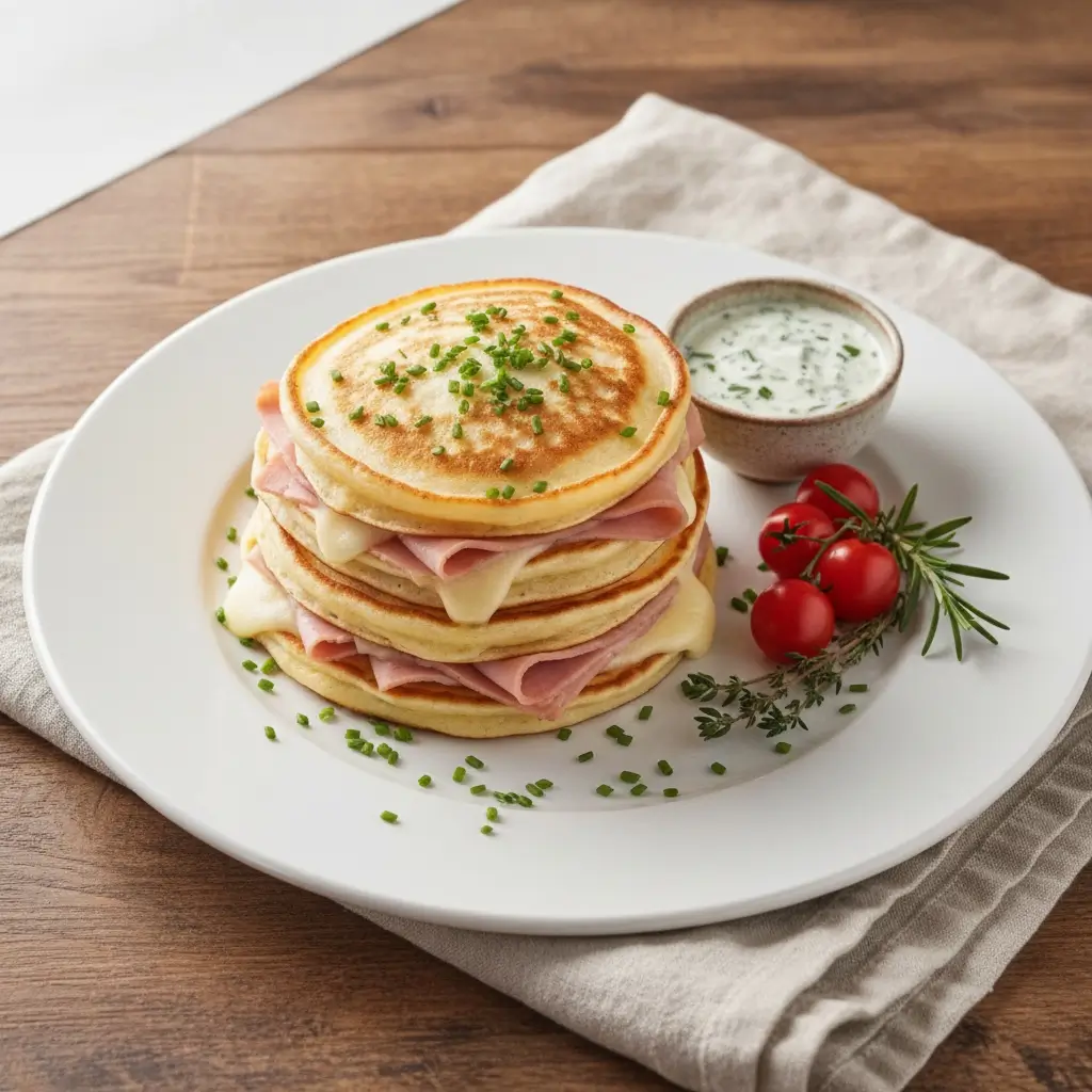 Pancakes mit Schinken und Käse servieren: Gestapelte herzhafte Pfannkuchen mit geschmolzenem Käse, Kräuter-Dip und Kirschtomaten auf weißem Teller