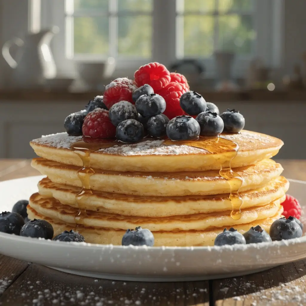 Fluffige Pfannkuchen aus dem Airfryer gestapelt mit frischen Beeren, Puderzucker und Honig auf weißem Teller