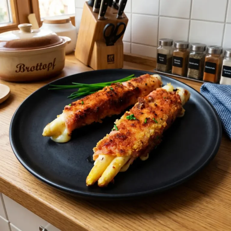 Spargel Cordon Bleu im Airfryer: Goldbraun panierte Rolle mit Spargel und Käse gefüllt, angeschnitten auf Schiefer mit Petersilie vor schwarzem Airfryer