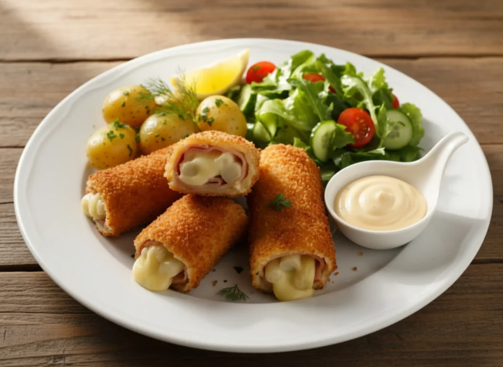 Spargel Cordon Bleu servieren: Goldbraune panierte Röllchen mit Spargel und Käse gefüllt, dazu Salzkartoffeln, frischer Salat und Dip auf weißem Teller