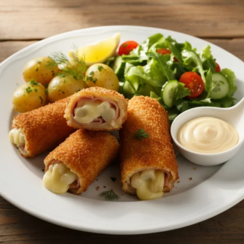 Spargel Cordon Bleu servieren: Goldbraune panierte Röllchen mit Spargel und Käse gefüllt, dazu Salzkartoffeln, frischer Salat und Dip auf weißem Teller