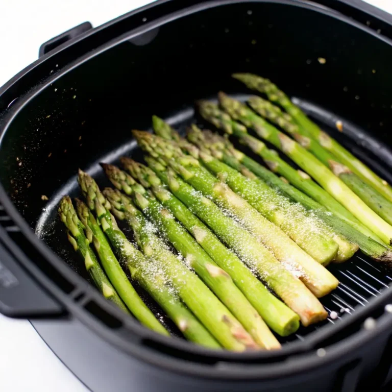 Spargel im Airfryer: Frische grüne Spargelstangen mit Parmesan bestreut im schwarzen Airfryer-Korb