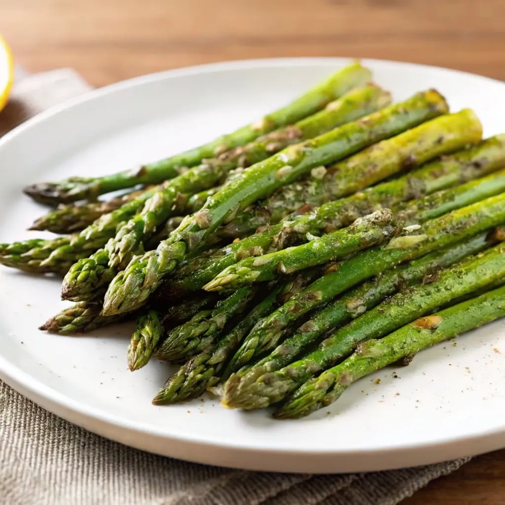 Tipps für perfekten grünen Spargel im Airfryer: Knusprige grüne Spargelstangen mit Knoblauch und Kräutern auf weißem Teller