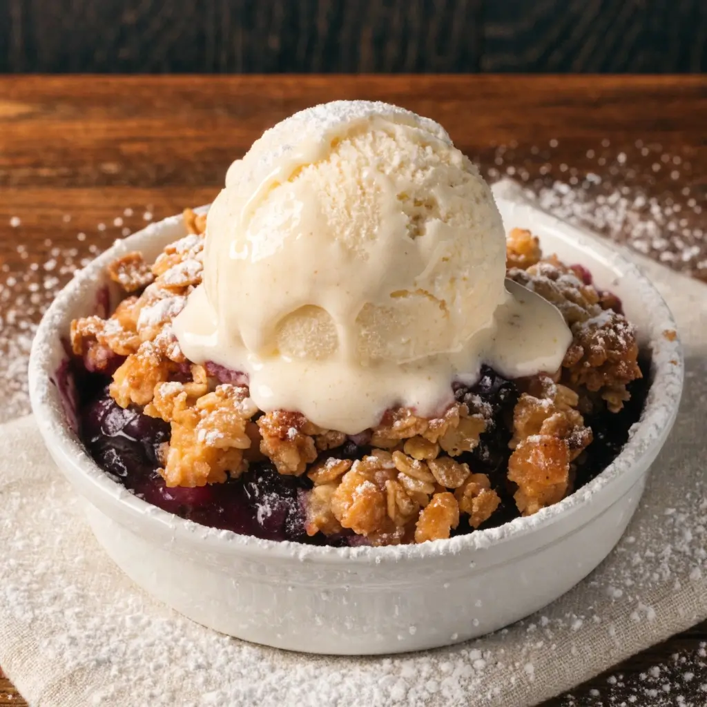 Zwetschgencrumble aus dem Airfryer mit Vanilleeis und Puderzucker in weißer Form auf Holz